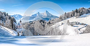 Winter landscape in the Bavarian Alps with church, Bavaria, Germany