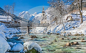 Winter landscape in the Bavarian Alps with church, Ramsau, Germany