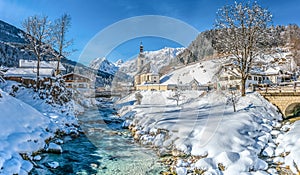 Winter landscape in the Bavarian Alps with church, Ramsau, Germany