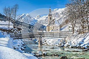 Winter landscape in the Bavarian Alps with church, Ramsau, Germany