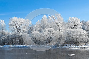 Winter Landscape with beautiful hoarfrost and rime on trees