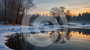 Winter landscape with beautiful reflection in the water generated by Ai