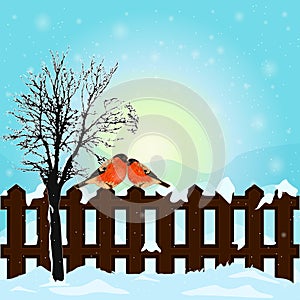 Winter landscape with bird bullfinch on fence, snow covered hills and blue morning sky.
