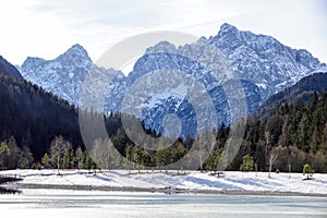 Winter landscape Bled Lake. Travel Slovenia, Europe. Bled Lake one of most amazing tourist attractions. View on snowy