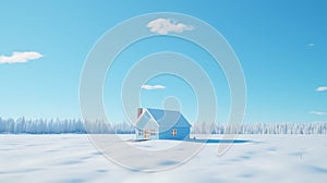 Winter landscape with a blue house in the snow.