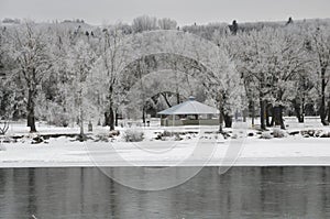 A winter landscape of bowness park with bow river in the foreground, Calgary, Canada