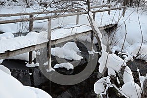 Winter landscape with a brige over stream