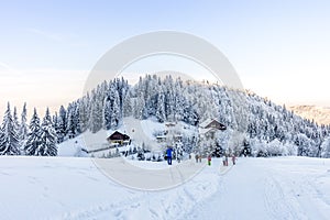 Winter landscape in the Bucegi mountains, Romania. Diham mountain hut is an tourist base.