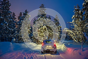 Winter Landscape with car - Driving at night