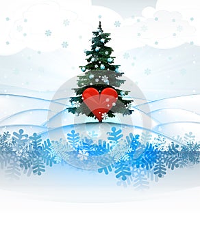Winter landscape card with xmas tree and red heart