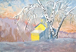 Winter landscape with a chapel. Children`s drawing