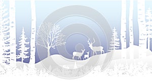 Winter landscape Christmas card. Deer, fawn, doe in snow, forest and hills, birch, bracken . Magical misty nature, wildlife.