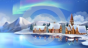 Winter landscape. Christmas cottages. Festive Christmas decorations. New Year background. Vector illustration