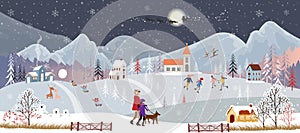 Winter landscape, Christmas and new year celebrated in the city,Vector of horizontal winter wonderland in the town with happy kids
