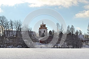 Winter landscape in church town Gammelstad, Sweden