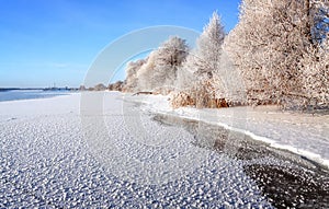 Winter landscape on a clear frosty day overlooking the banks of the Volga River.