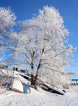 Winter landscape on a clear frosty day overlooking the banks of the Volga River. Frosty fog obscures the banks of the river.