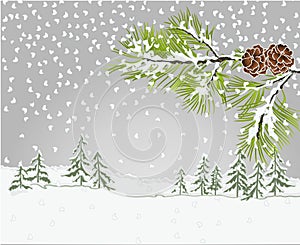 Winter landscape Conifer Branch Pine with pine cones with snow christmas theme natural background vintage vector illustration edi