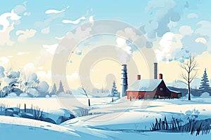 Winter landscape with a cozy house and a smoking chimney