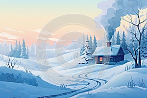 Winter landscape with a cozy house and a smoking chimney