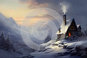 Winter landscape with a cozy house and a smoking chimney