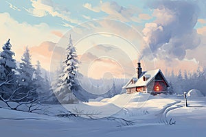 Winter landscape with a cozy house and a smoking chimney