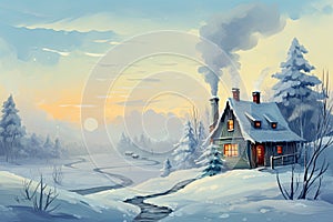 Winter landscape with a cozy house and a smoking chimney