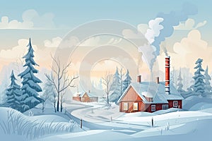 Winter landscape with a cozy house and a smoking chimney