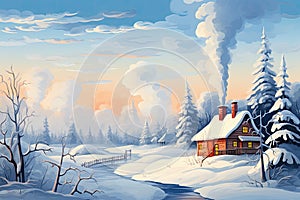 Winter landscape with a cozy house and a smoking chimney