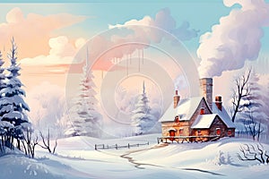 Winter landscape with a cozy house and a smoking chimney