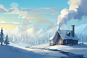 Winter landscape with a cozy house and a smoking chimney