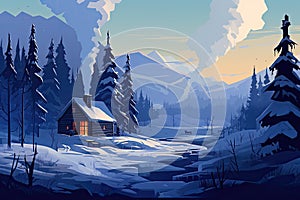 Winter landscape with a cozy house and a smoking chimney