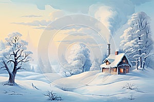 Winter landscape with a cozy house and a smoking chimney