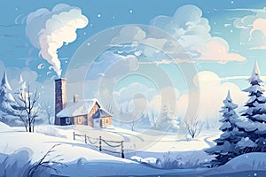 Winter landscape with a cozy house and a smoking chimney