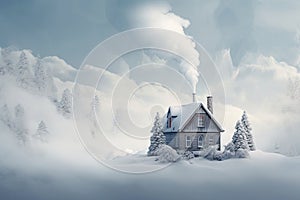 Winter landscape with a cozy house and a smoking chimney