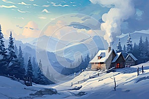 Winter landscape with a cozy house and a smoking chimney