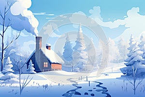 Winter landscape with a cozy house and a smoking chimney