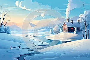 Winter landscape with a cozy house and a smoking chimney