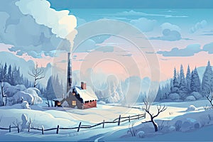 Winter landscape with a cozy house and a smoking chimney