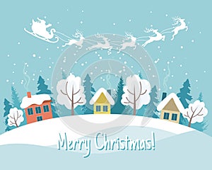 Winter landscape with cute houses, Santa on his sleigh with reindeers and the night sky. Merry Christmas greeting card template.