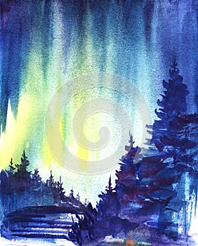 Winter landscape. Dark silhouette of spruce forest, snow-covered valley. Northern Lights.