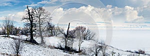 Winter landscape with dark silhouettes of trees near a snowy river and white clouds on blue on a clear frosty day