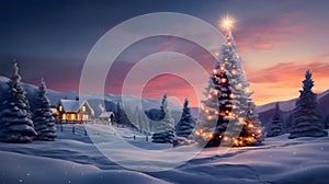 A winter landscape at dawn, a Christmas tree with lights and a wooden house in the distance.Christmas banner with space for your