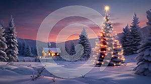 A winter landscape at dawn, a Christmas tree with lights and a wooden house in the distance.Christmas banner with space for your
