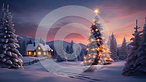 A winter landscape at dawn, a Christmas tree with lights and a wooden house in the distance.Christmas banner with space for your