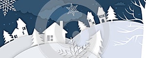 Winter landscape with deer paper cut-out and fir trees in snow. Festive horizontal banner with text Merry Christmas, Village and