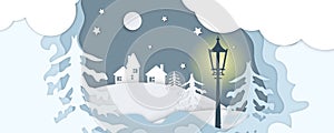 Winter landscape with deer paper cut-out and fir trees in snow. Festive horizontal banner with text Merry Christmas, Village and