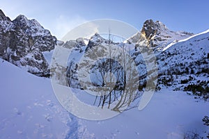 Winter landscape of Dolina Zeleneho plesa. Tatra Mountains. Slovakia