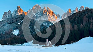 Winter landscape Dolomites Alps Santa Maddalena village Val di Funes valley South Tyrol Italy