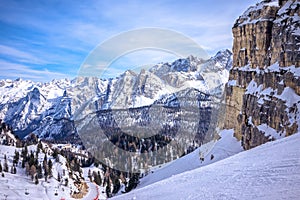 Winter landscape in Dolomites at Cortina D`Ampezzo ski resort, Italy